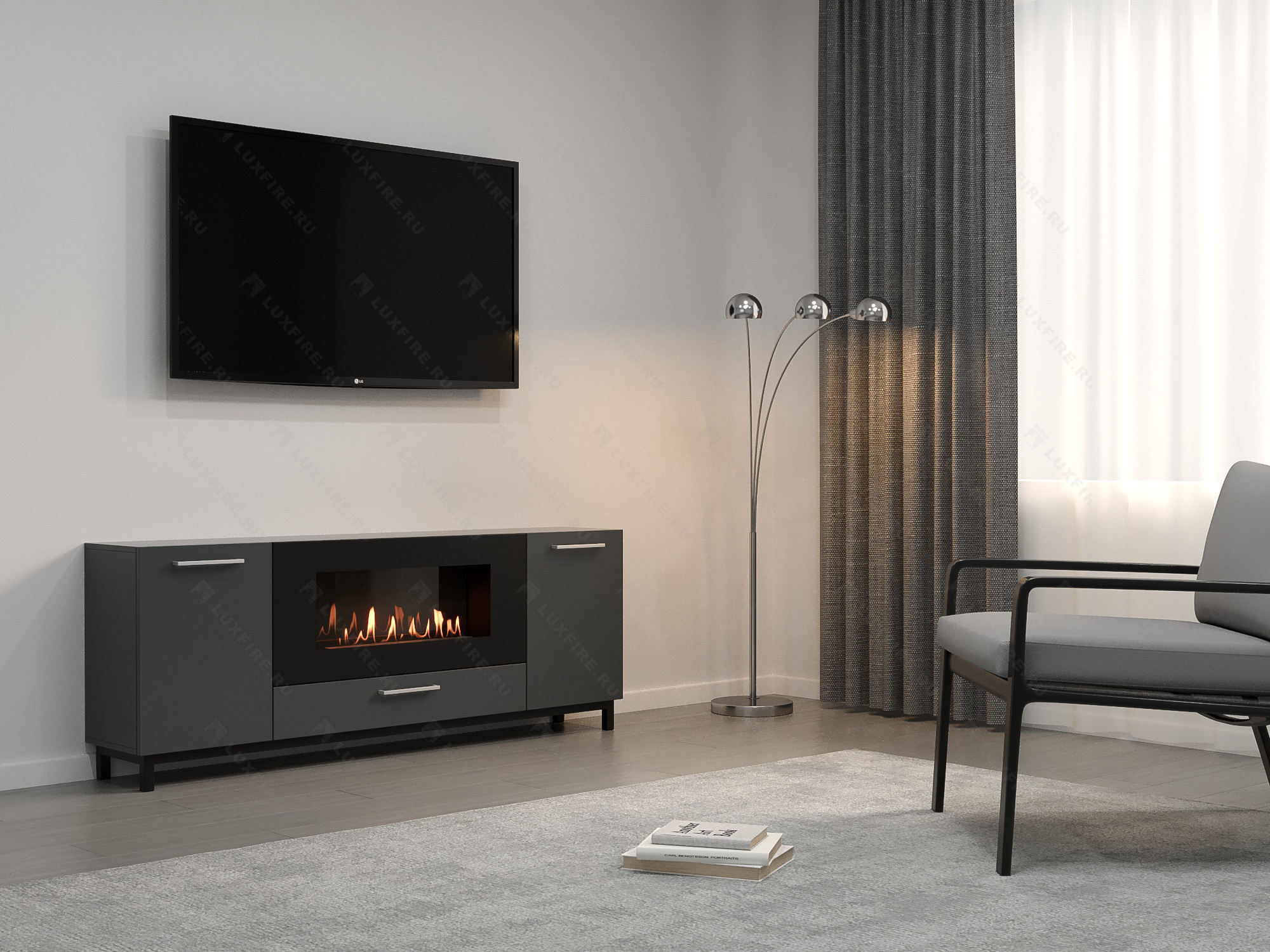 Тумба ТВ Lux Fire "Амур" напольная 1700 матовая, графит с биокамином 900 по цене 96 124 руб.
